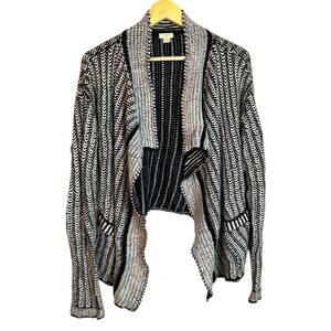J Crew Black White Chunky Knit Open Cardigan Sweater Wool Blend Medium Draped